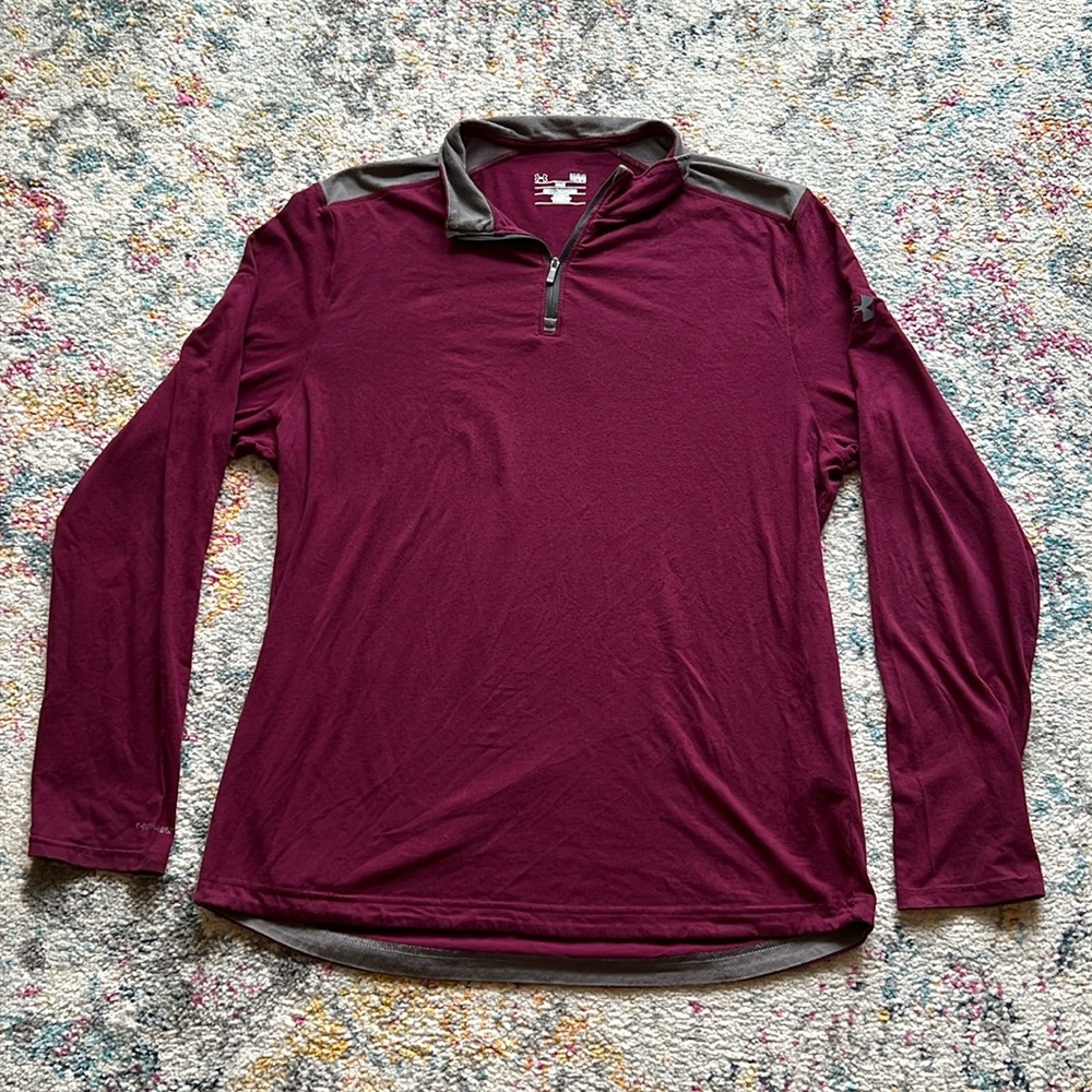 Under Armour Loose 1/4 Zip Maroon Gray Long Sleeve Shirt Mens Size Large